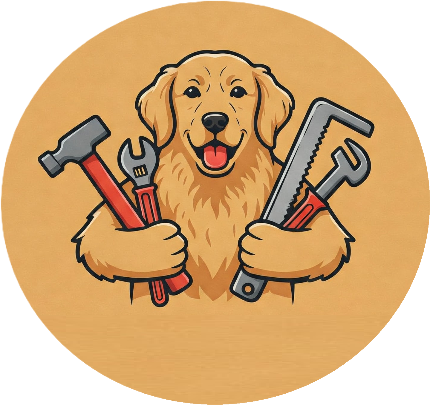 Logo entreprise Cali-Rénovation avec un chien golden retriever tenant des outils pour le second oeuvre